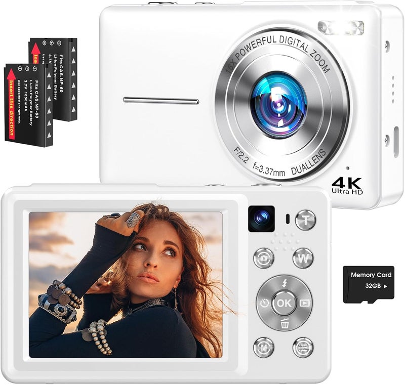 Froitx 4K Digital Camera, 64MP Autofocus Vlogging Camera with Dual Lens, 16X Digital Zoom YouTube Compact Travel Point Shoot Camera for Teens Beginner, Anti-Shake,2 Batteries, 32GB Card (White) - Image 1